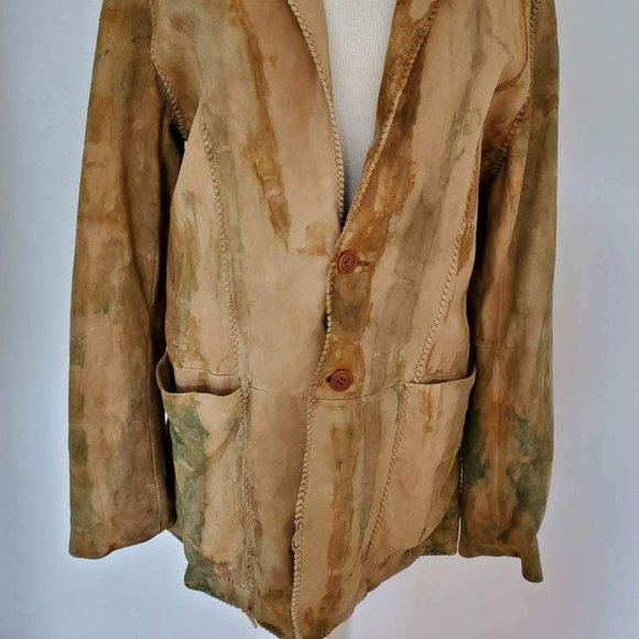 John Varvatos leather coat Med Large brown gray tan beige tie dyed blazer 52 54 - Picture 10 of 10
